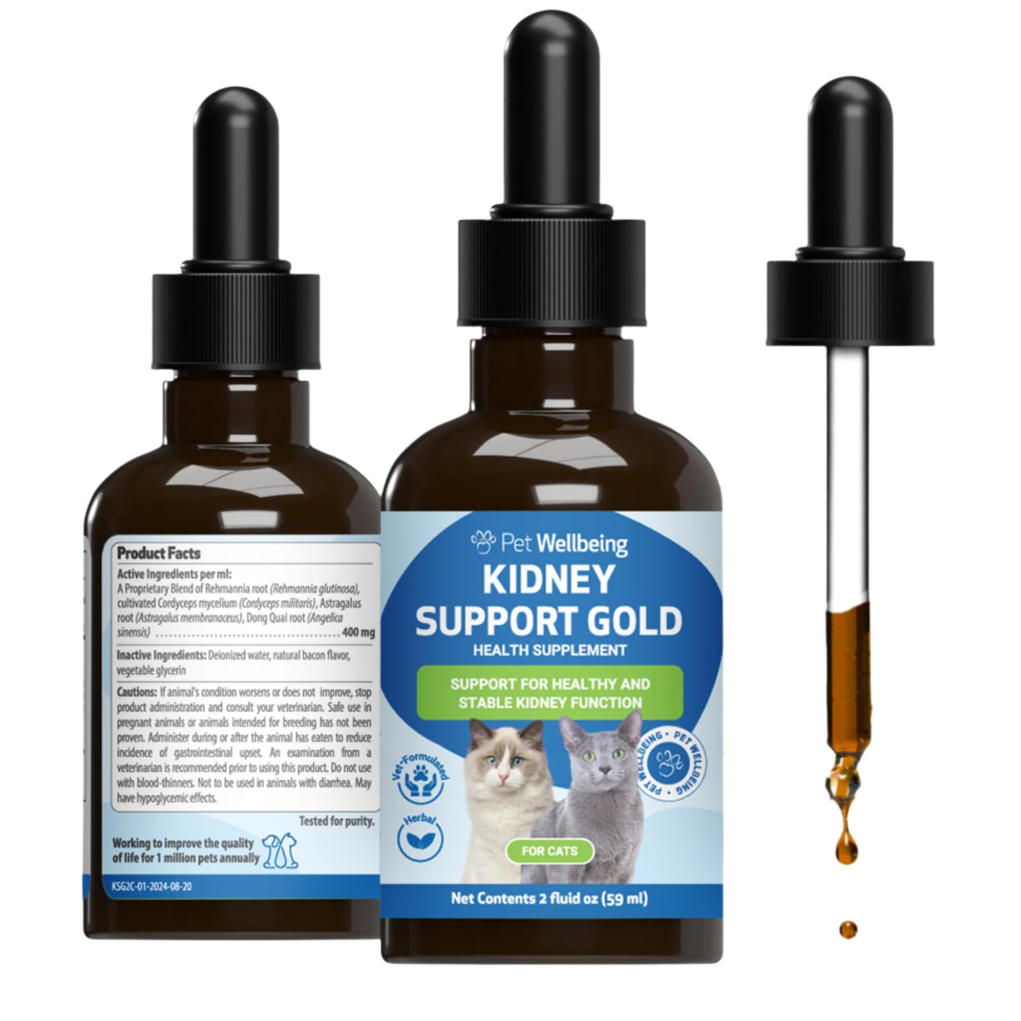 Pet Wellbeing Kidney Support Gold para gatos en frasco, facilita la dosificación diaria.