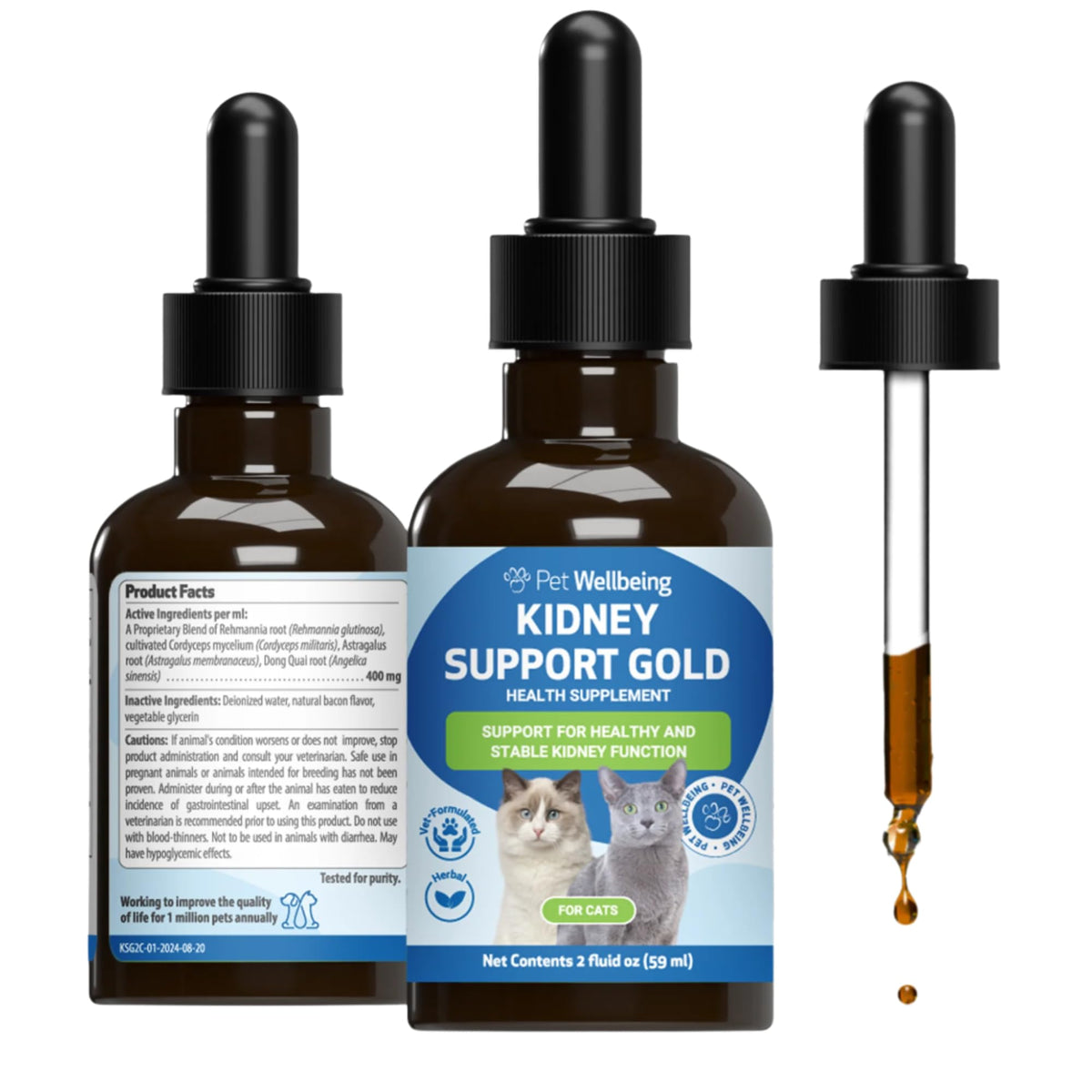 Pet Wellbeing Kidney Support Gold para gatos en frasco, facilita la dosificación diaria.