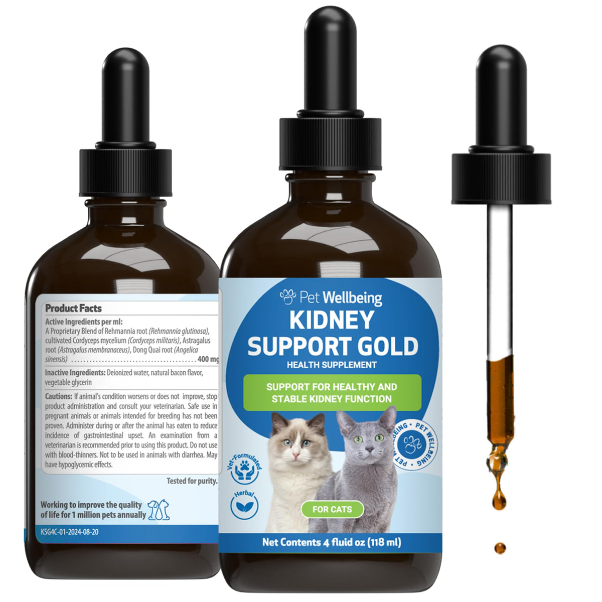 Pet Wellbeing Kidney Support Gold: vertido de botella para iniciar la dosis diaria y promover hidratación