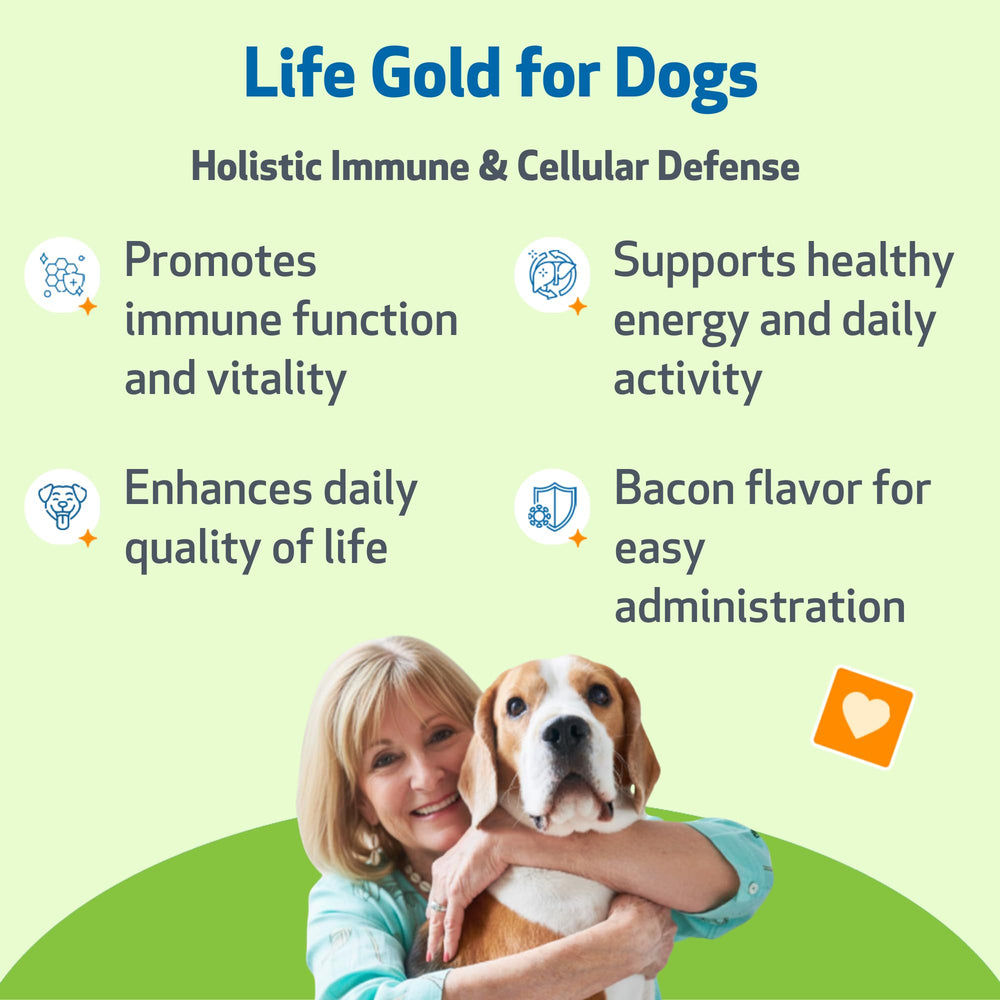 Pet Wellbeing Life Gold para perros, etiqueta informativa, beneficios para la salud.