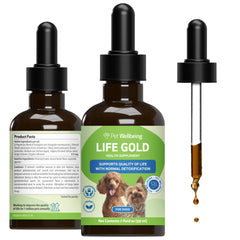 Pet Wellbeing Life Gold para perros, botella del suplemento, apoyo inmunitario natural.