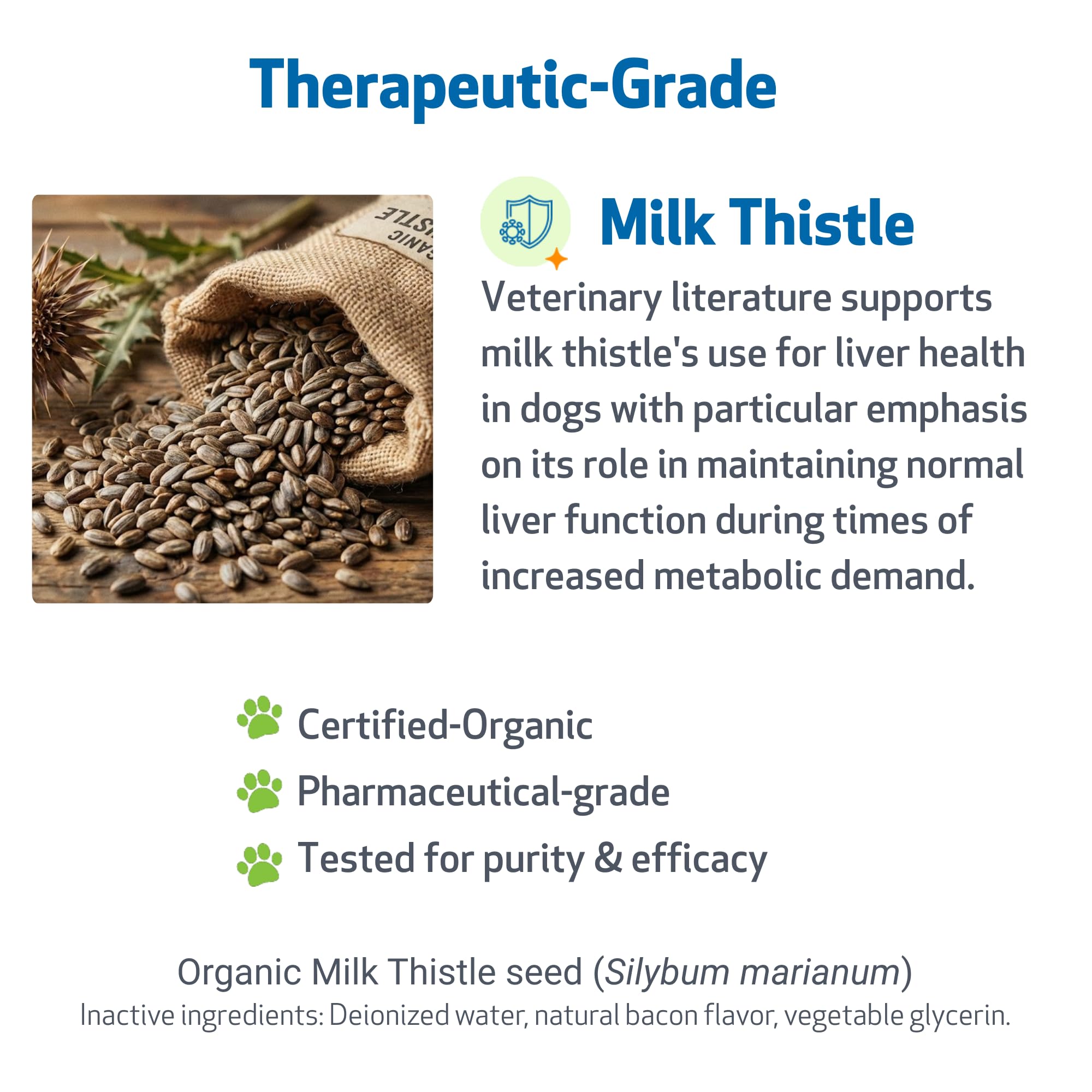 Pet Wellbeing Milk Thistle para perros, etiqueta — ingrediente orgánico certificado