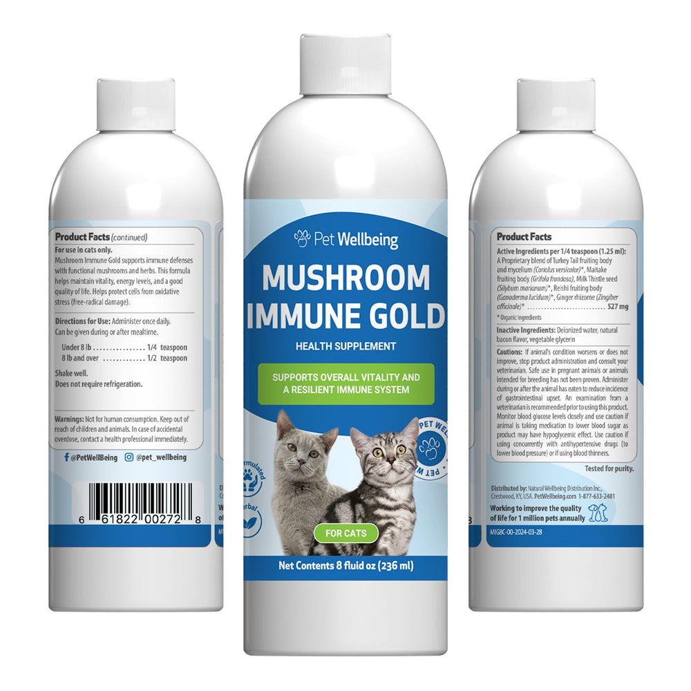 Pet Wellbeing Mushroom Immune Gold, botella de líquido para gatos, apoyo inmune diario.