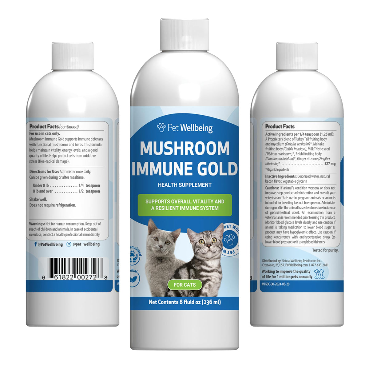 Pet Wellbeing Mushroom Immune Gold, botella de líquido para gatos, apoyo inmune diario.