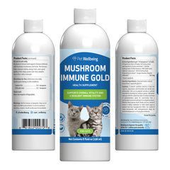 Pet Wellbeing Mushroom Immune Gold, botella de líquido para gatos, apoyo inmune diario.