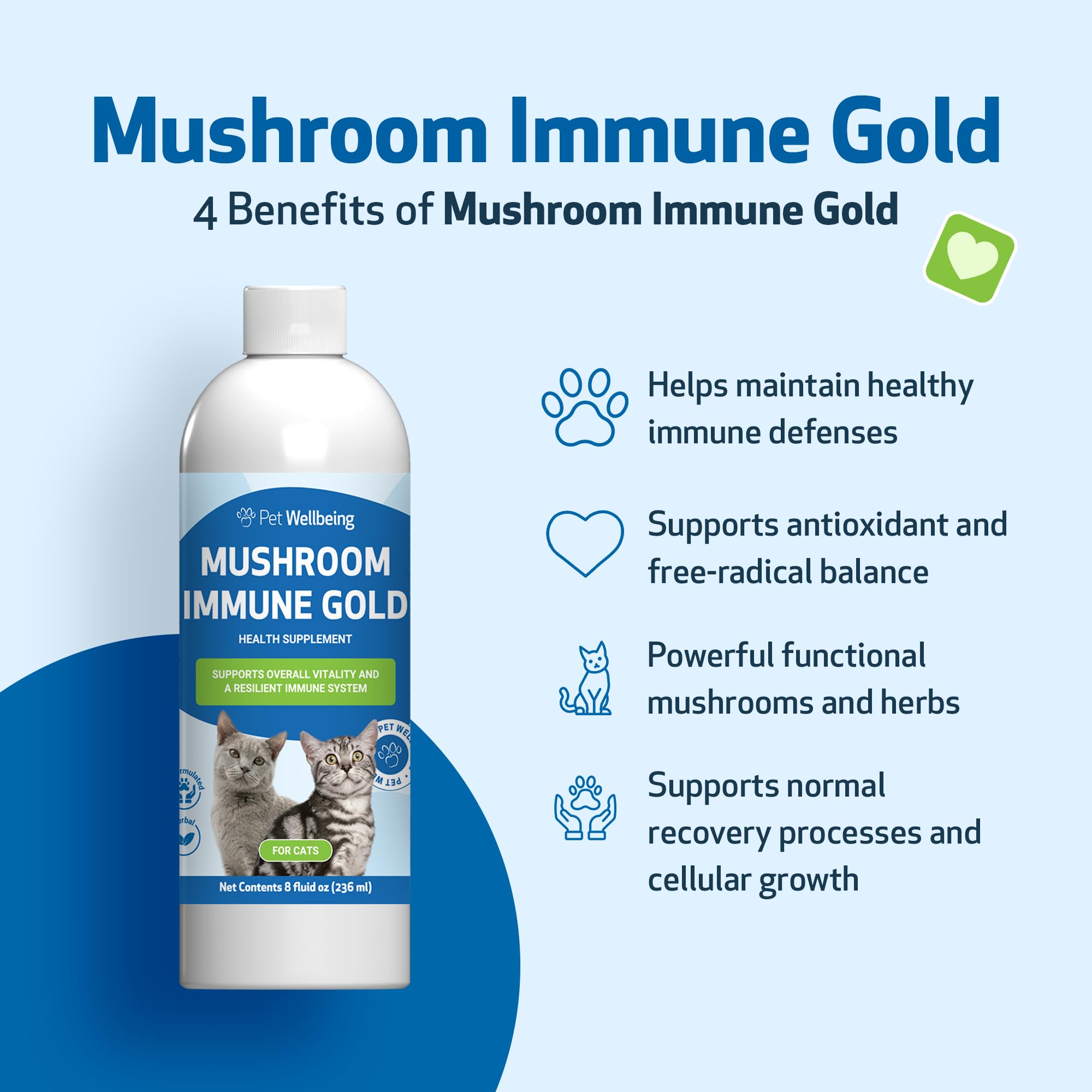 Pet Wellbeing Mushroom Immune Gold gotero, fórmula veterinaria de calidad para gatos.