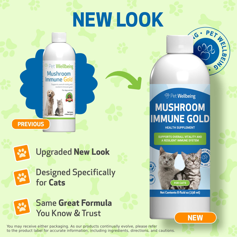 Pet Wellbeing Mushroom Immune Gold, gota sabor tocino, administración fácil para gatos exigentes.
