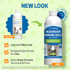 Pet Wellbeing Mushroom Immune Gold, gota sabor tocino, administración fácil para gatos exigentes.