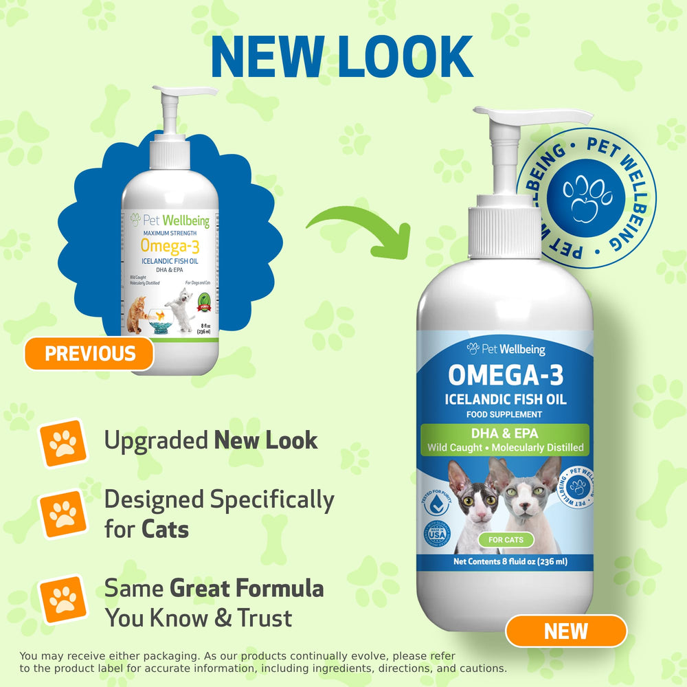 Pet Wellbeing Omega-3 con gotero facilita dosis diarias para movilidad felina.