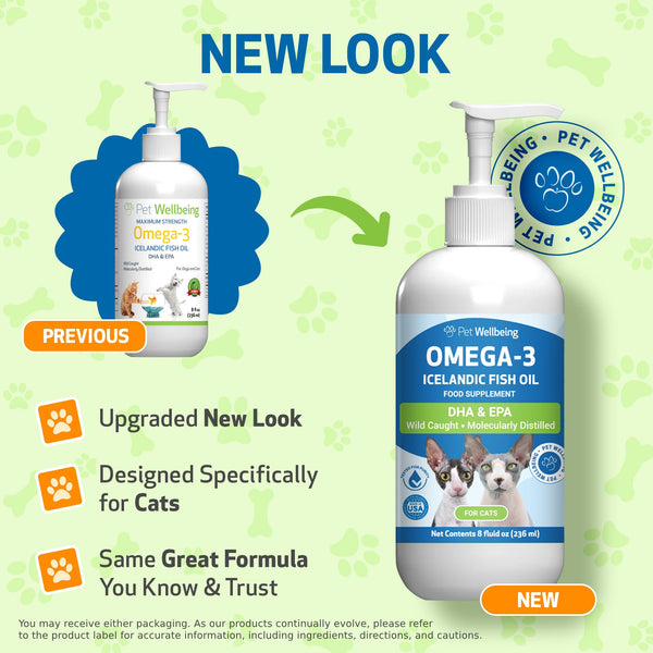 Pet Wellbeing Omega-3 con gotero facilita dosis diarias para movilidad felina.