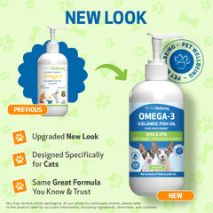 Pet Wellbeing Omega-3 con gotero facilita dosis diarias para movilidad felina.