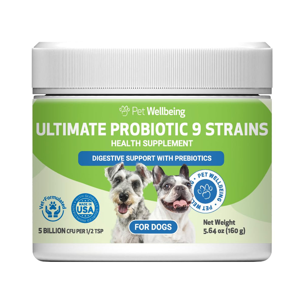Pet Wellbeing probiótico 9 cepas, bote, apoyo digestivo suave para gatos y perros.