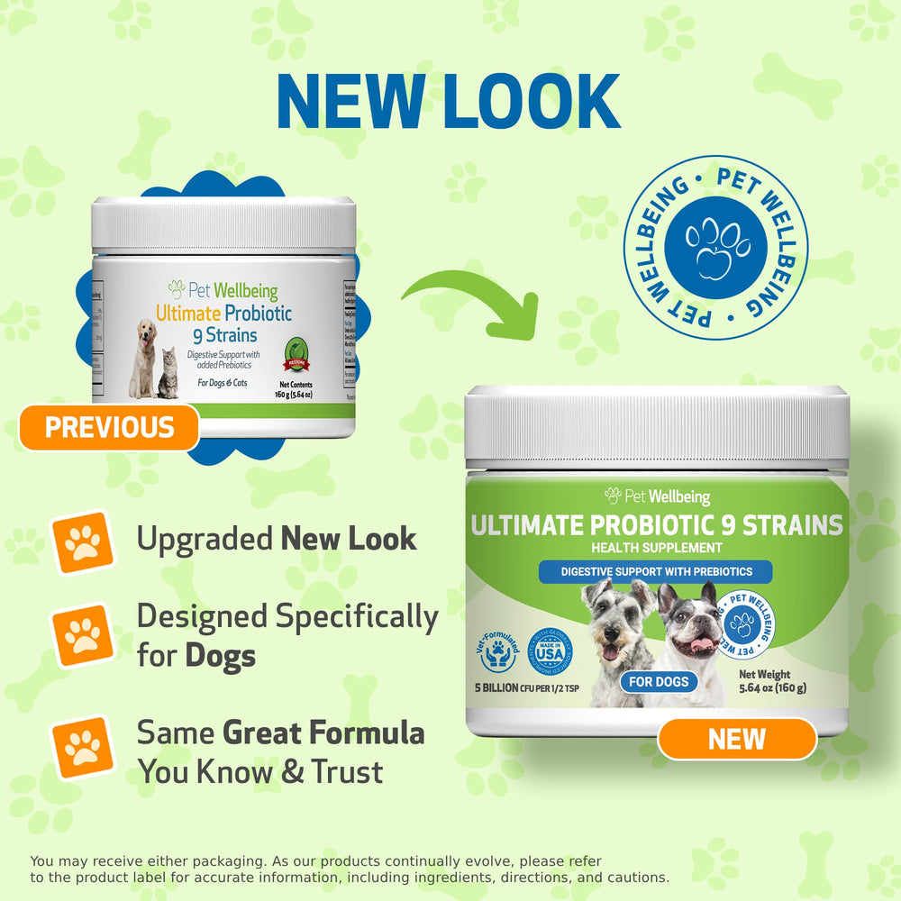 Pet Wellbeing probiótico 9 cepas, cuchara de medición, dosificación fácil para mascotas.