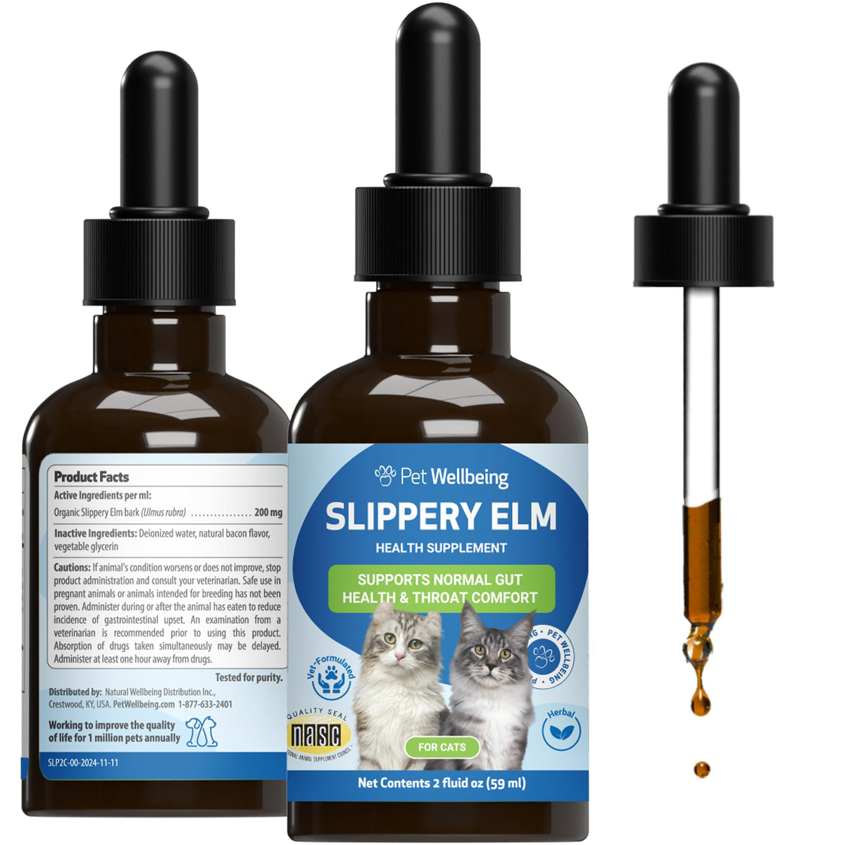 Pet Wellbeing Slippery Elm, botella-gotas, apoyo digestivo suave para gatos.