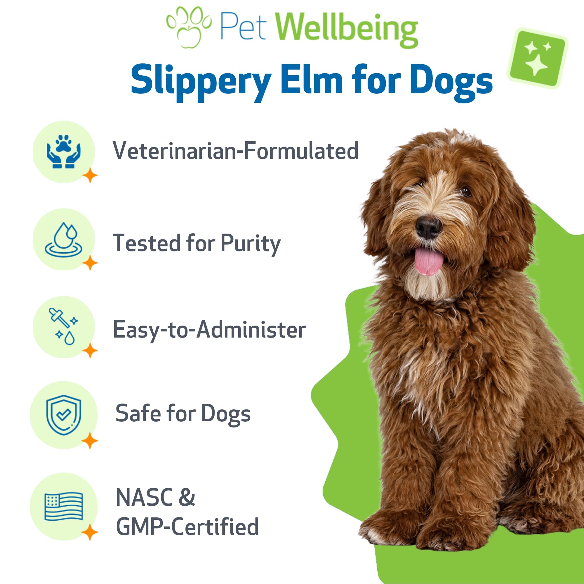 Pet Wellbeing Slippery Elm, elaborado por veterinarios para perros.