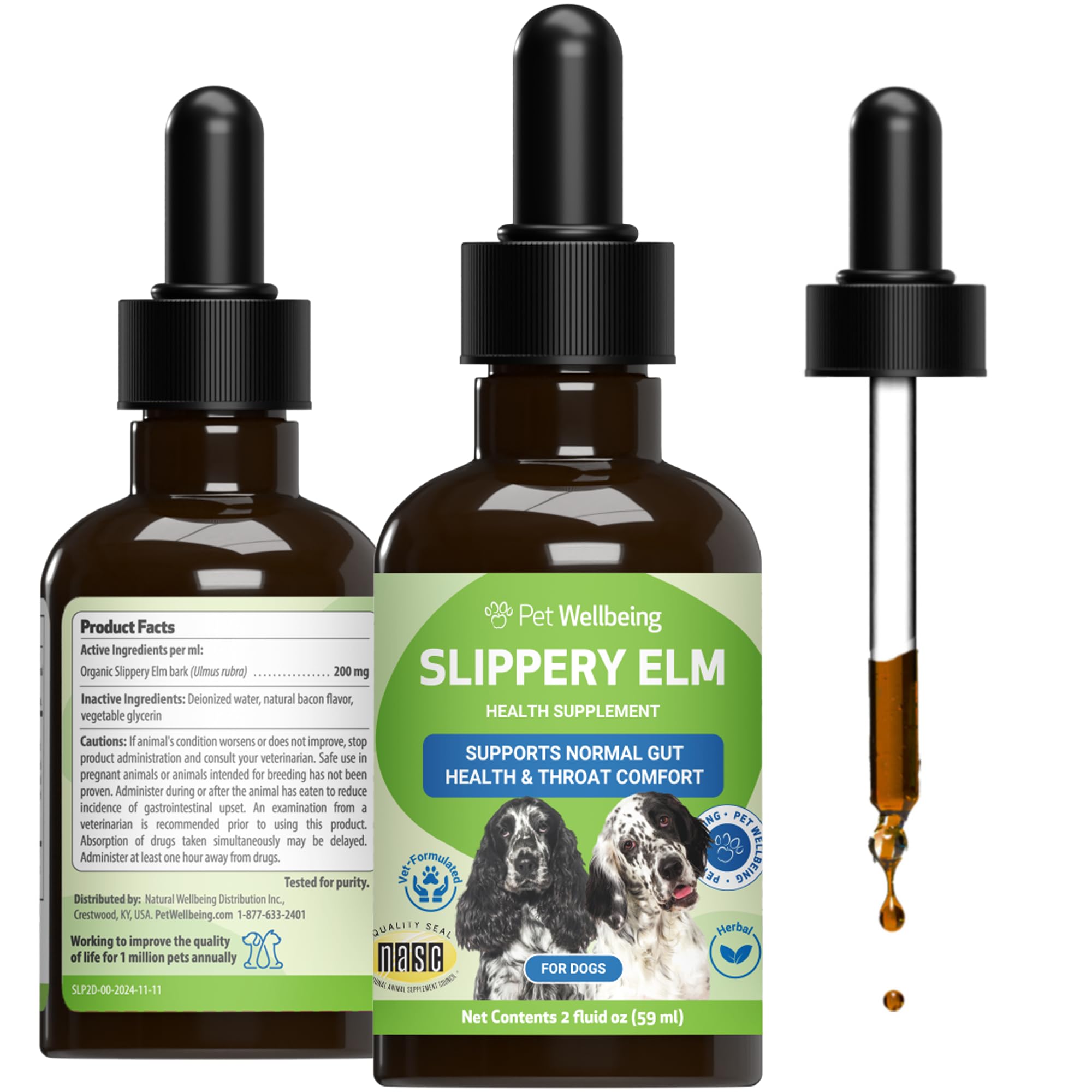 Pet Wellbeing Slippery Elm para perros, frasco 2 oz, apoyo digestivo suave.