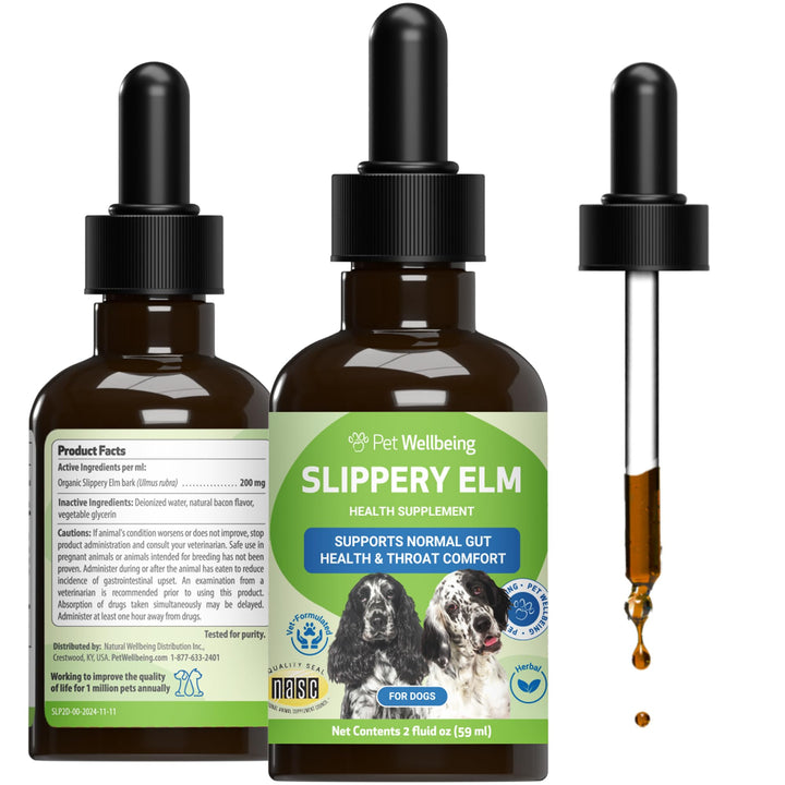 Pet Wellbeing Slippery Elm para perros, frasco 2 oz, apoyo digestivo suave.