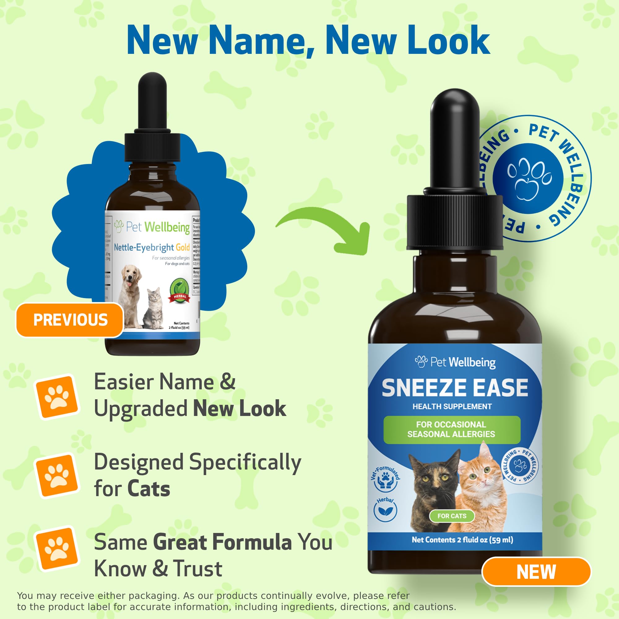 Pet Wellbeing Sneeze Ease, etiqueta veterinaria que denota seguridad y calidad.