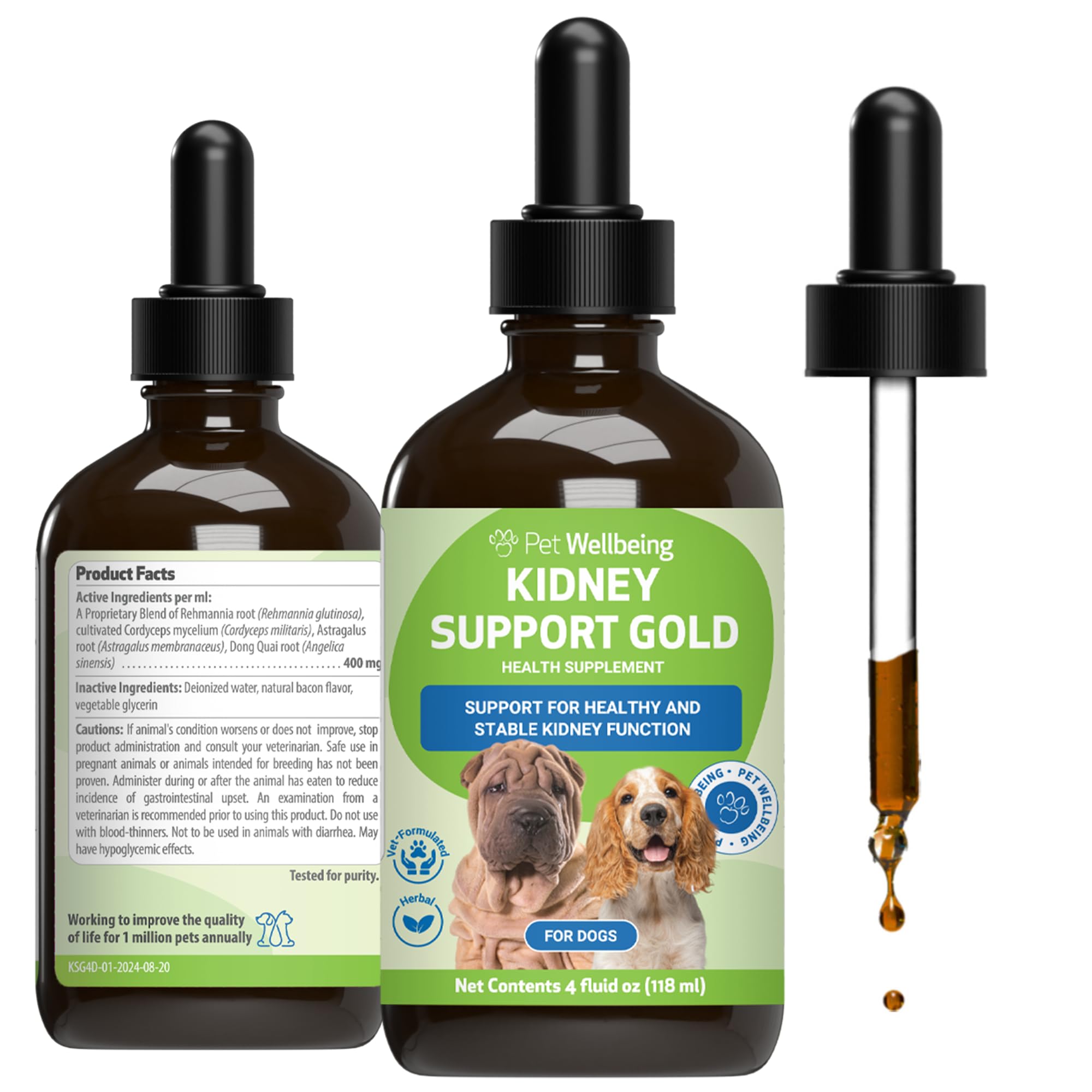 Pet Wellbeing Kidney Support Gold: botella para perros, apoyo al equilibrio de líquidos.