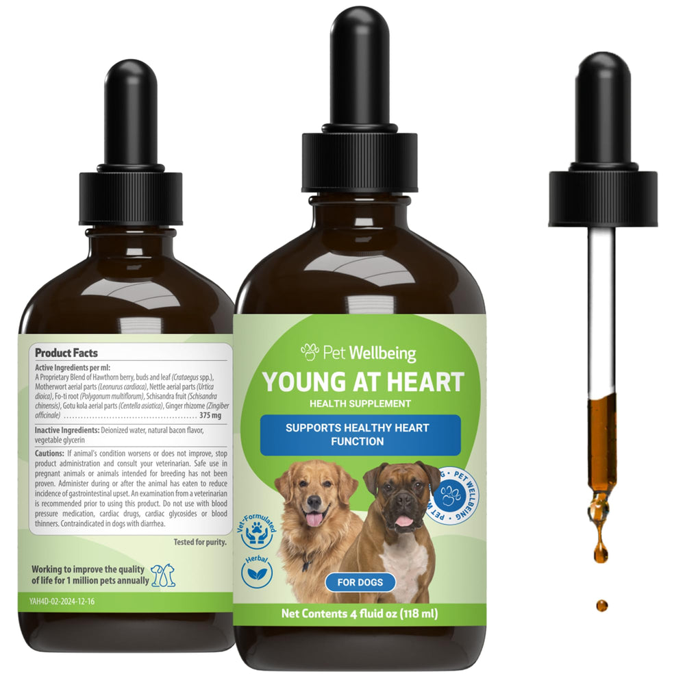 Pet Wellbeing Young at Heart, botella con gotero para apoyo al corazón en perros mayores.