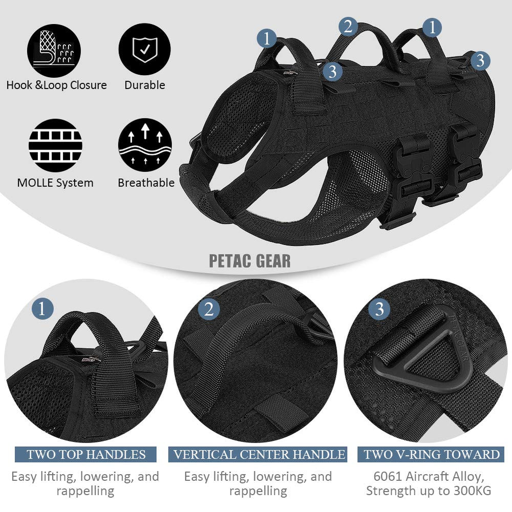 Arnés PETAC GEAR con MOLLE y parches para equipamiento adicional.