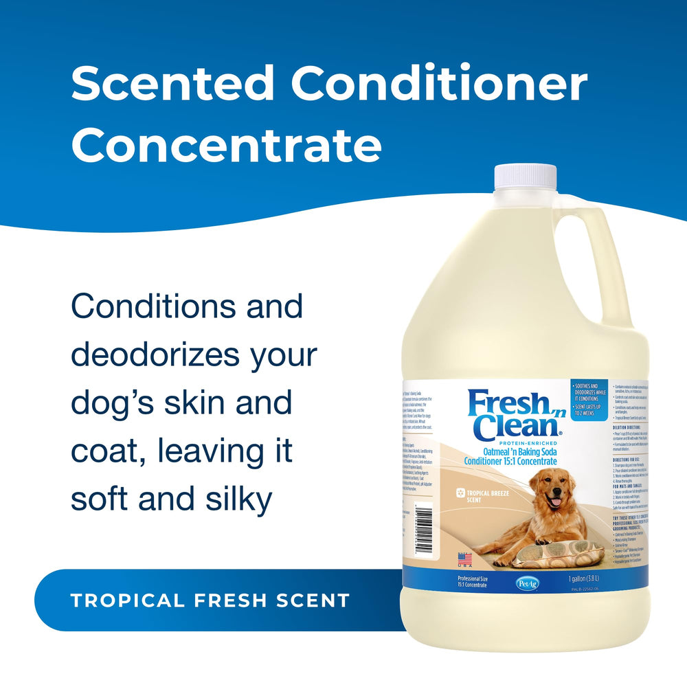 PetAg Acondicionador avena y bicarbonato, etiqueta Brisa Tropical, aroma duradero.