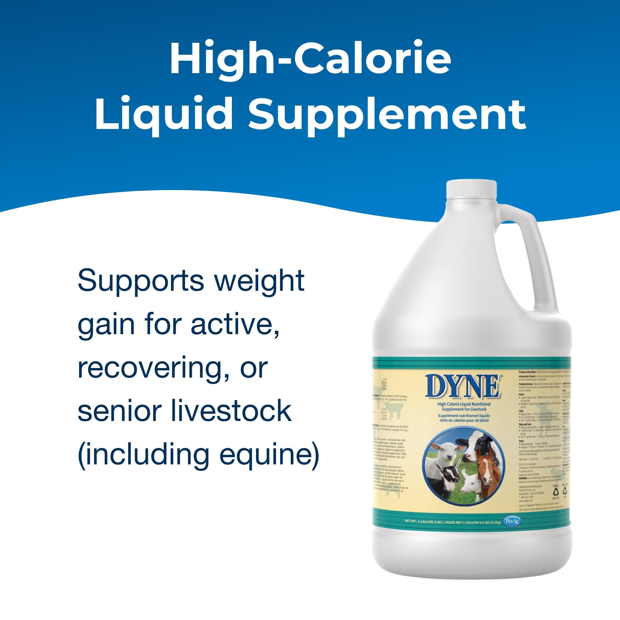PetAg Dyne etiqueta nutricional, muestra ingredientes y vitaminas añadidas para apoyo equilibrado.