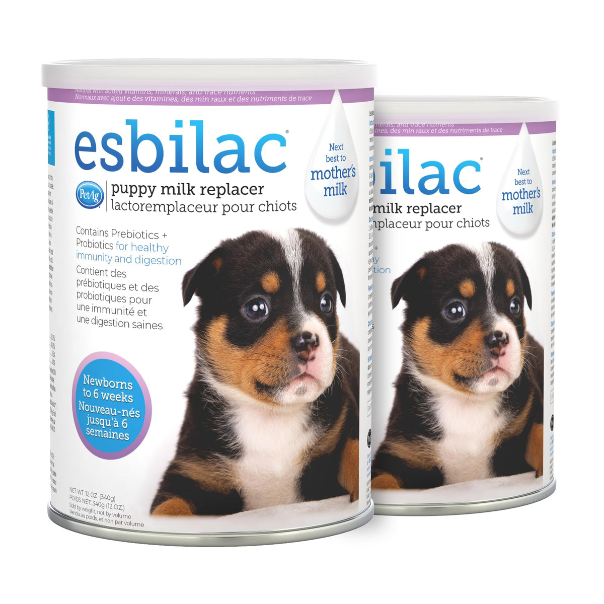 PetAg Esbilac leche para cachorros en polvo, útil cuando la madre no puede amamantar.