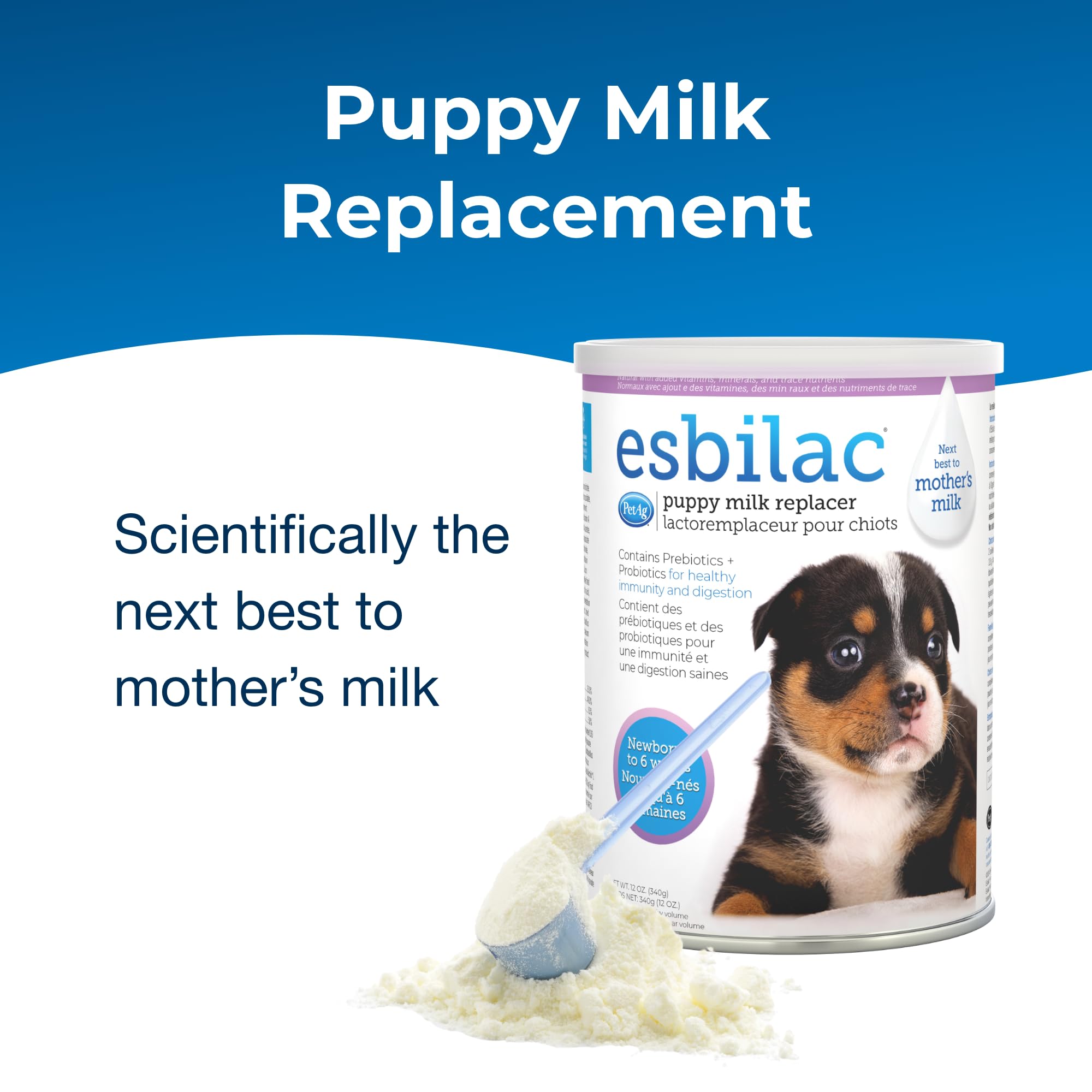 Esbilac con prebióticos y probióticos, polvo para cachorros, favorece una nutrición equilibrada.