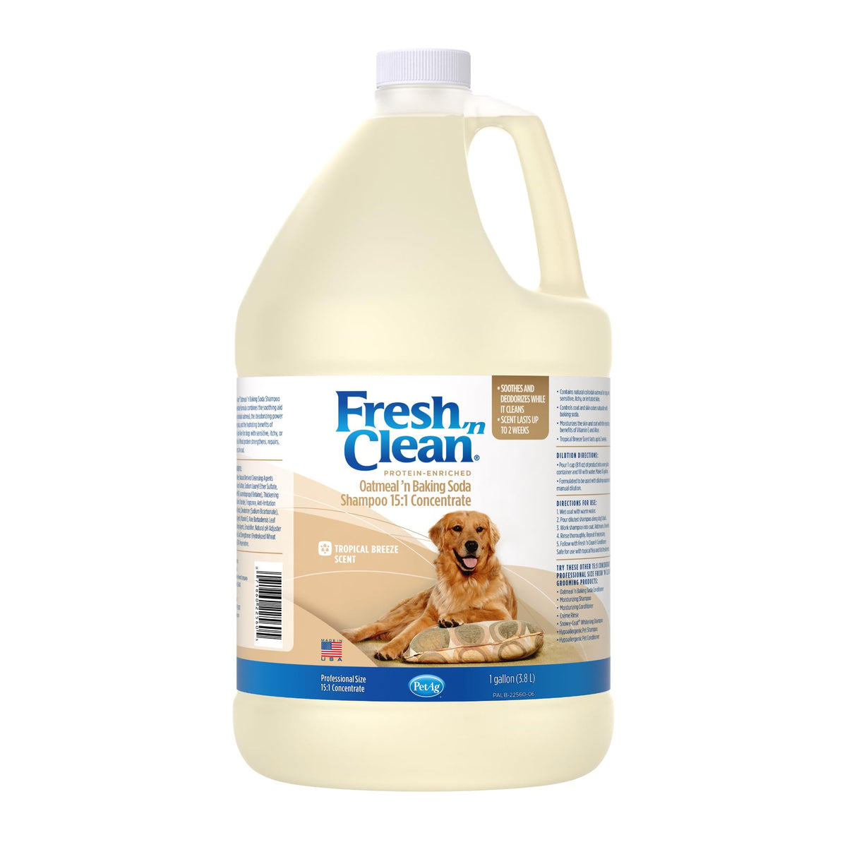 PetAg Fresh ’n Clean Champú, envase con aroma tropical fresco que mantiene olor agradable.