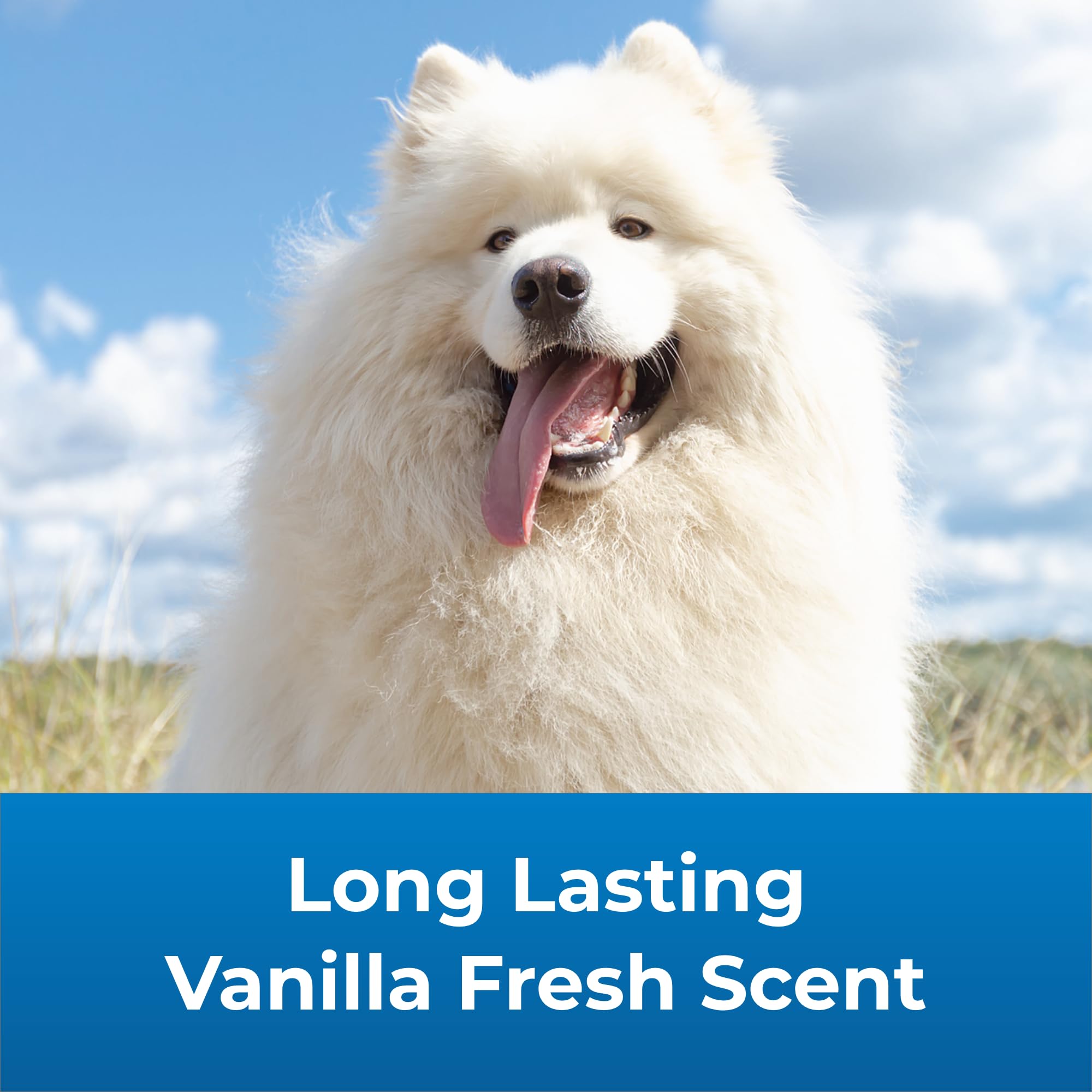 PetAg Fresh ’n Clean Snowy-Coat Shampoo espuma cremosa en pelaje blanco.