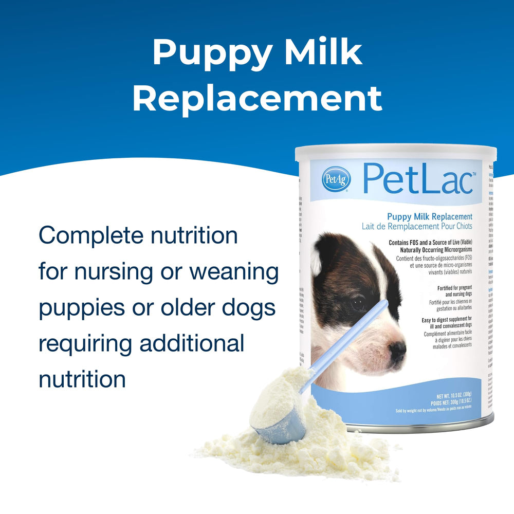 PetLac, envase de 10.5 onzas, conveniencia para alimentar cachorros.
