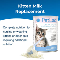 Envase de 10.5 oz de PetLac para gatitos, almacenamiento cómodo.