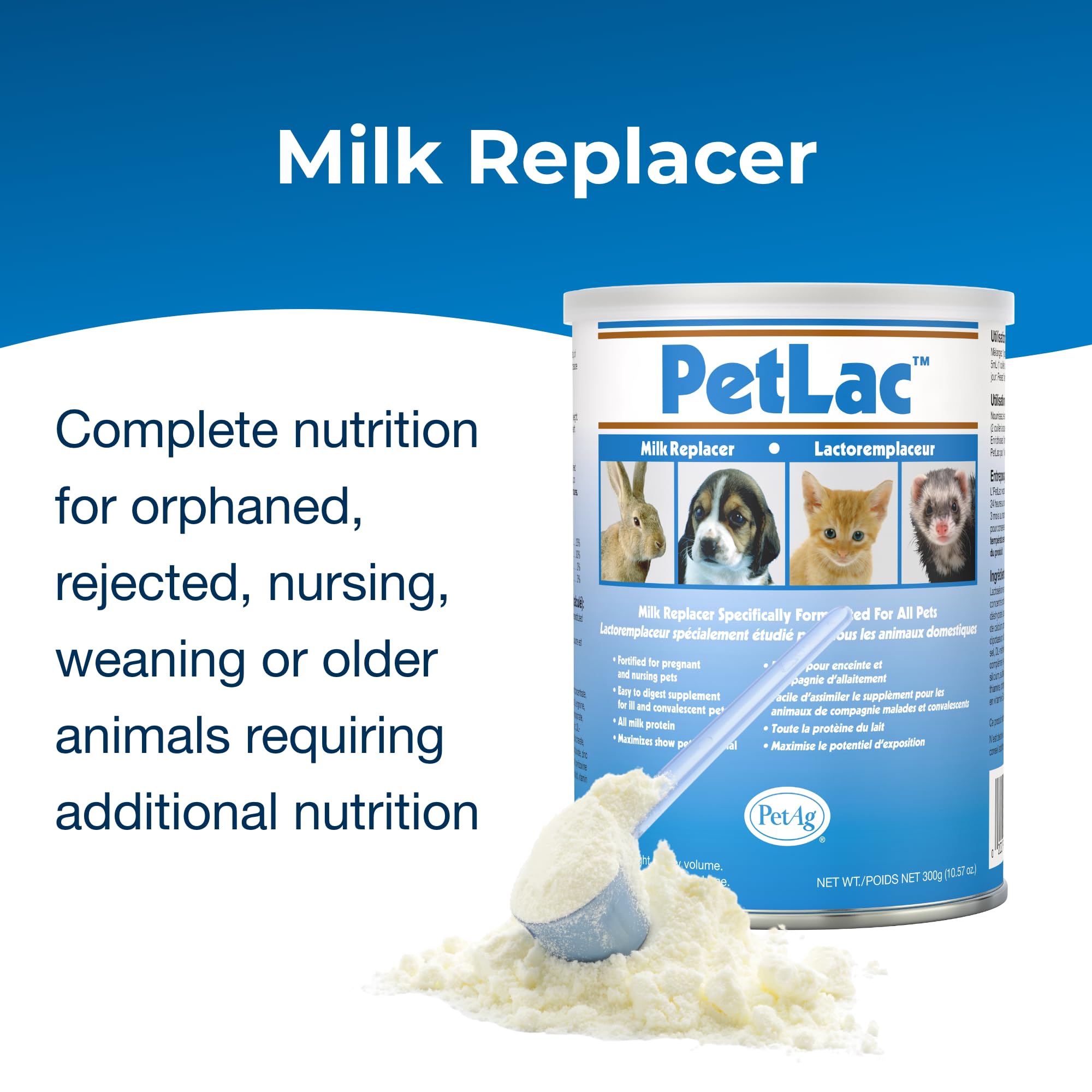 PetLac, leche en polvo fácil de digerir para mascotas, sabor aceptable.