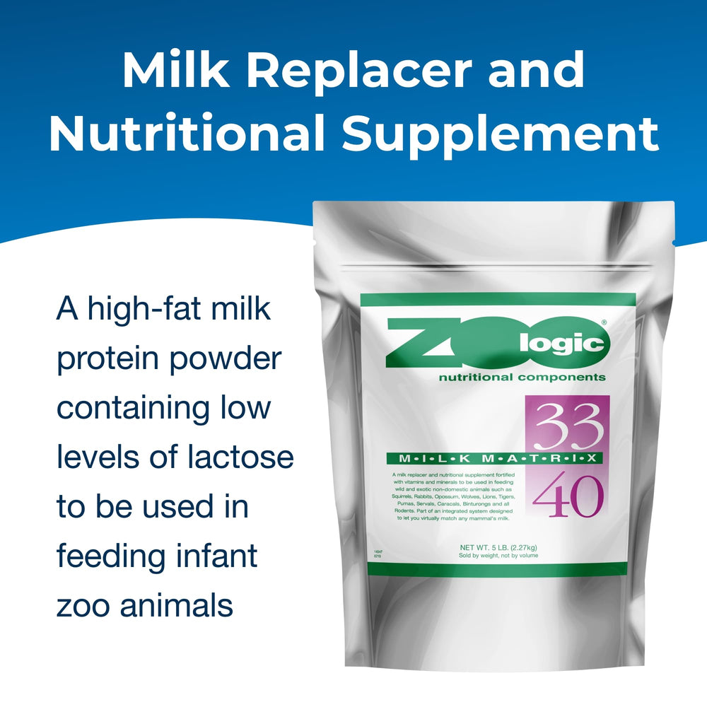 PetAg Zoologic Milk Matrix 33/40 polvo-textura, mezcla suave para una nutrición estable.