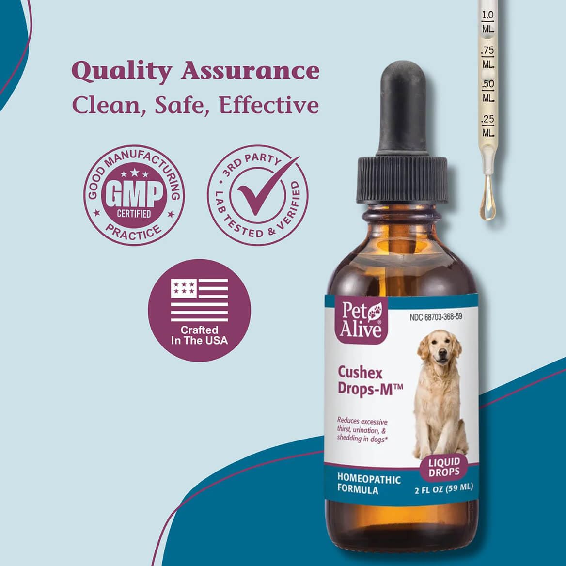 PetAlive Cushex Drops-M: composicion HPUS para tranquilidad.