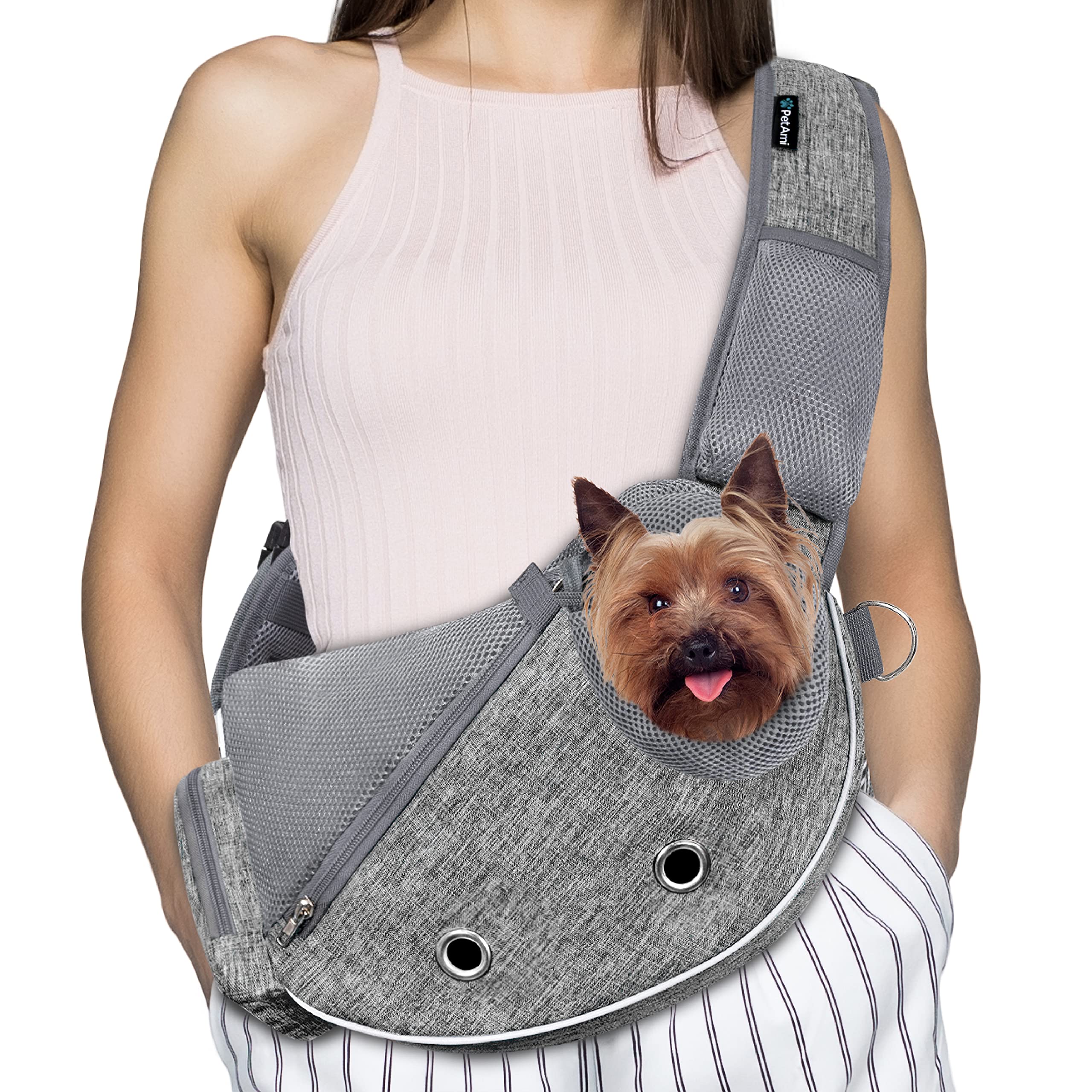 PetAmi Sling para perros, vista frontal, comodidad y acceso rápido durante paseos.