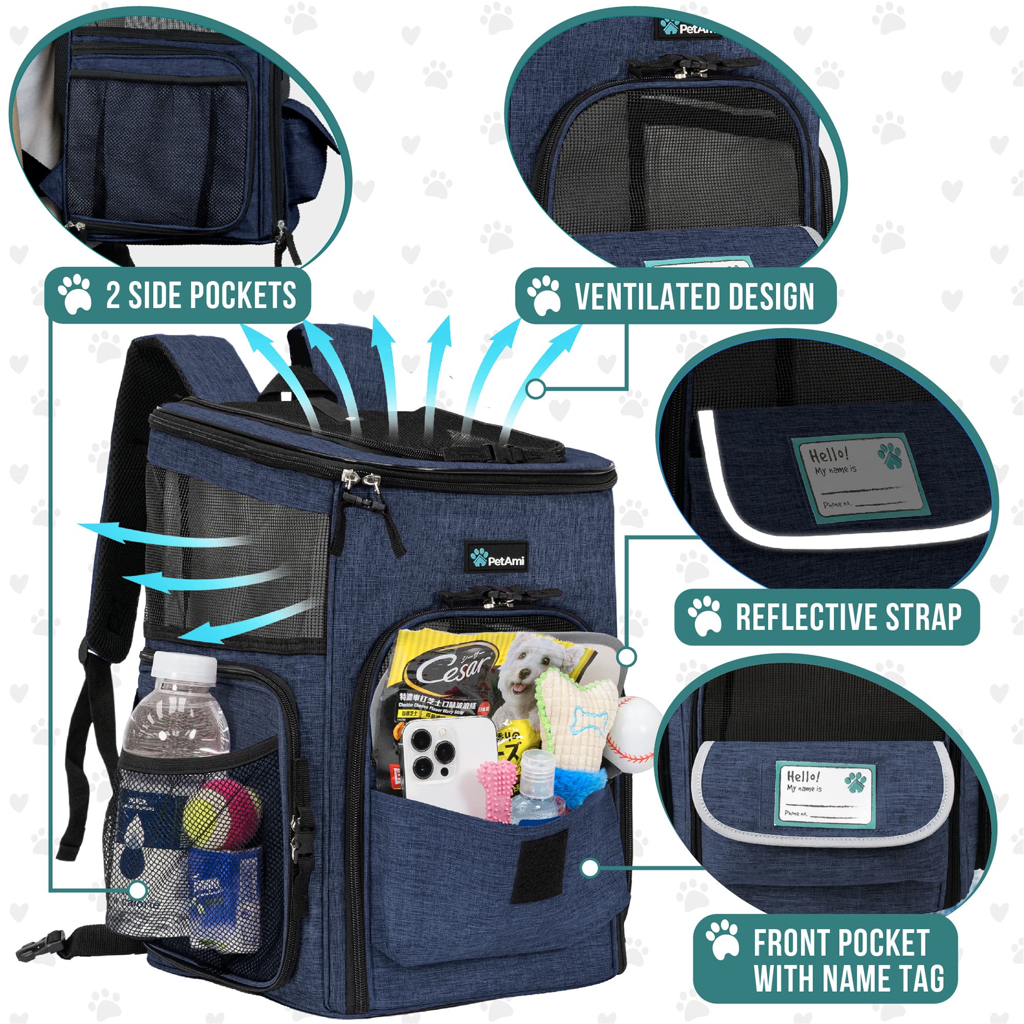 Mochila PetAmi con entradas cuatro formas y malla para visibilidad