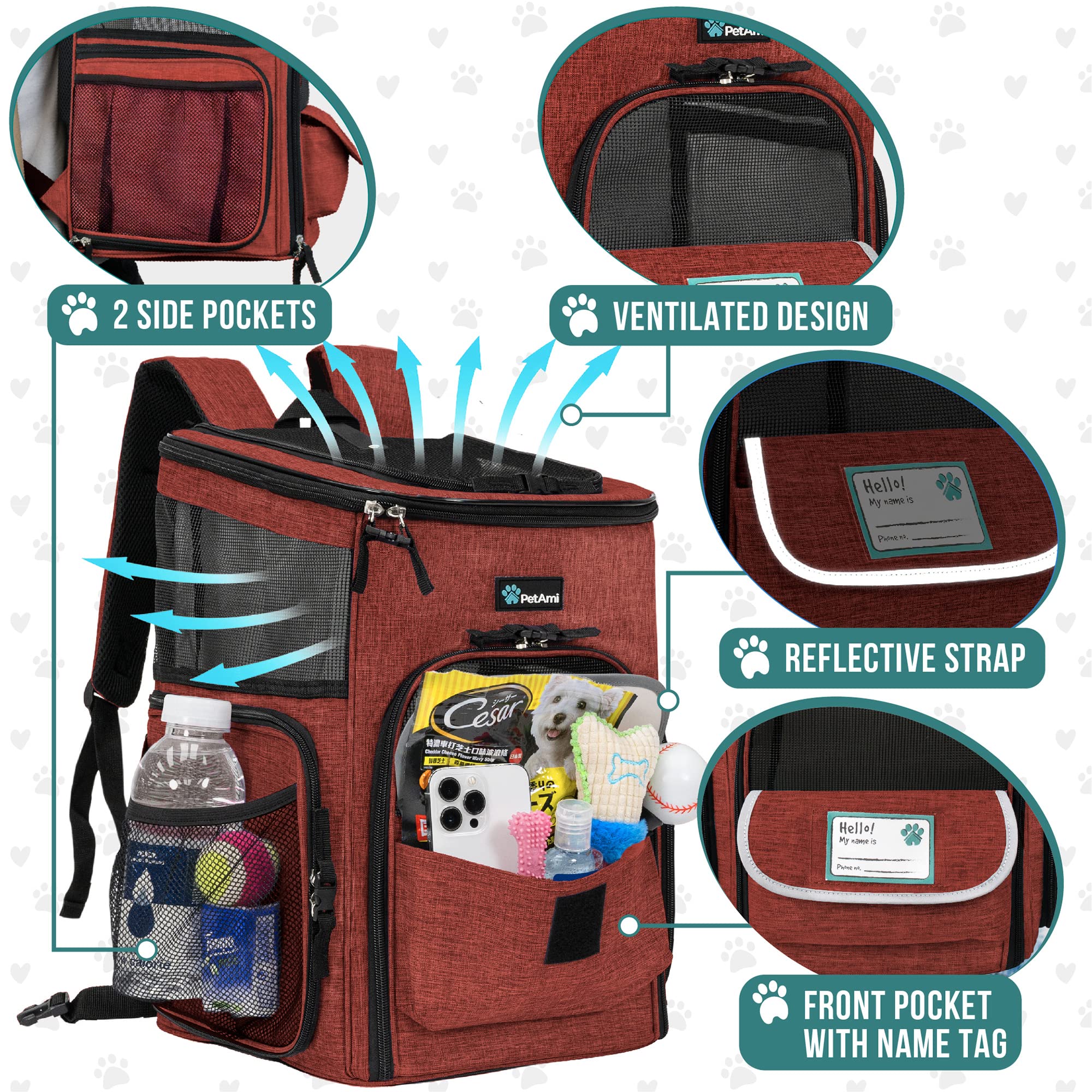 PetAmi Mochila porta mascotas con ventilación lateral para aventuras al aire libre.