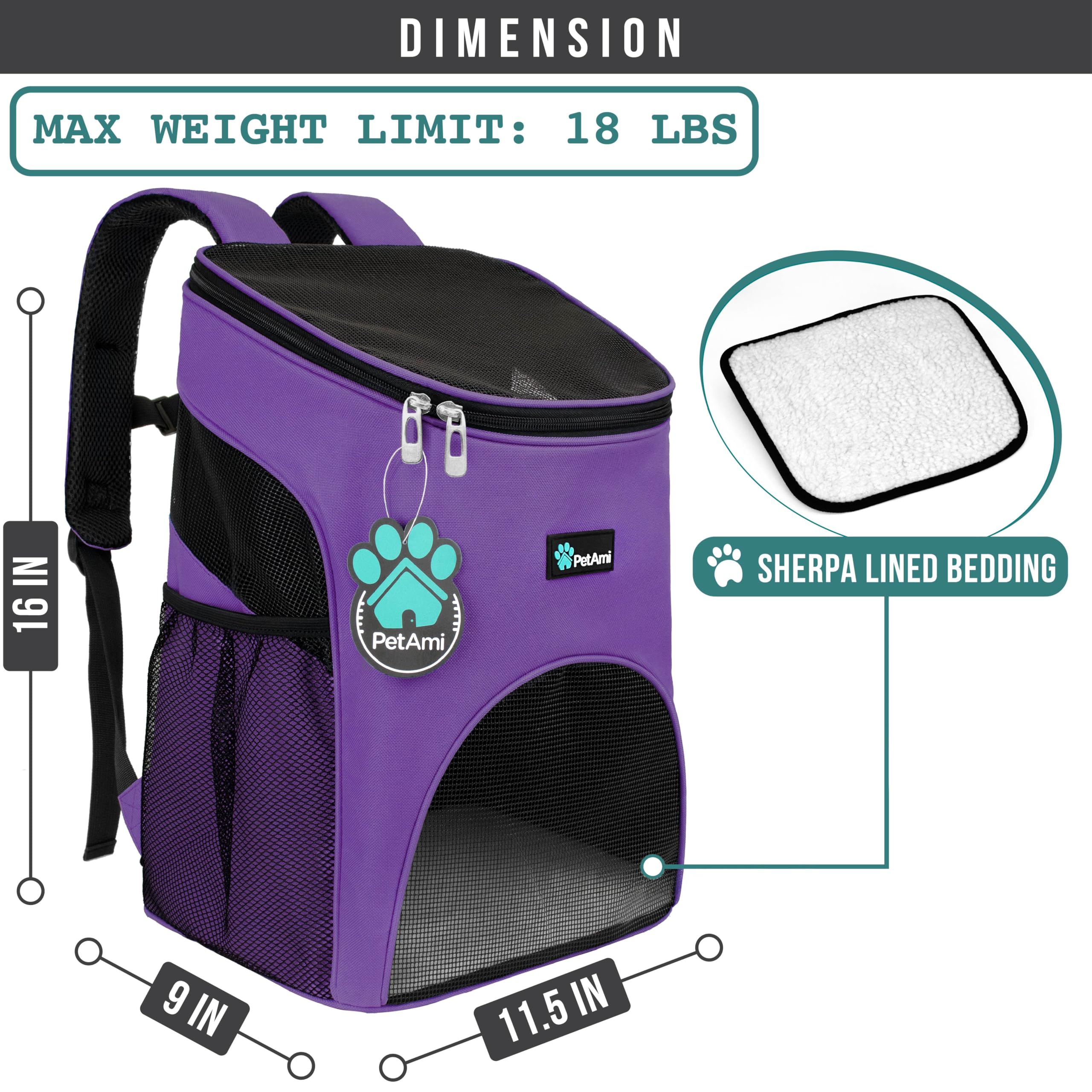 PetAmi Mochila portabebés cama sherpa removible para descansar