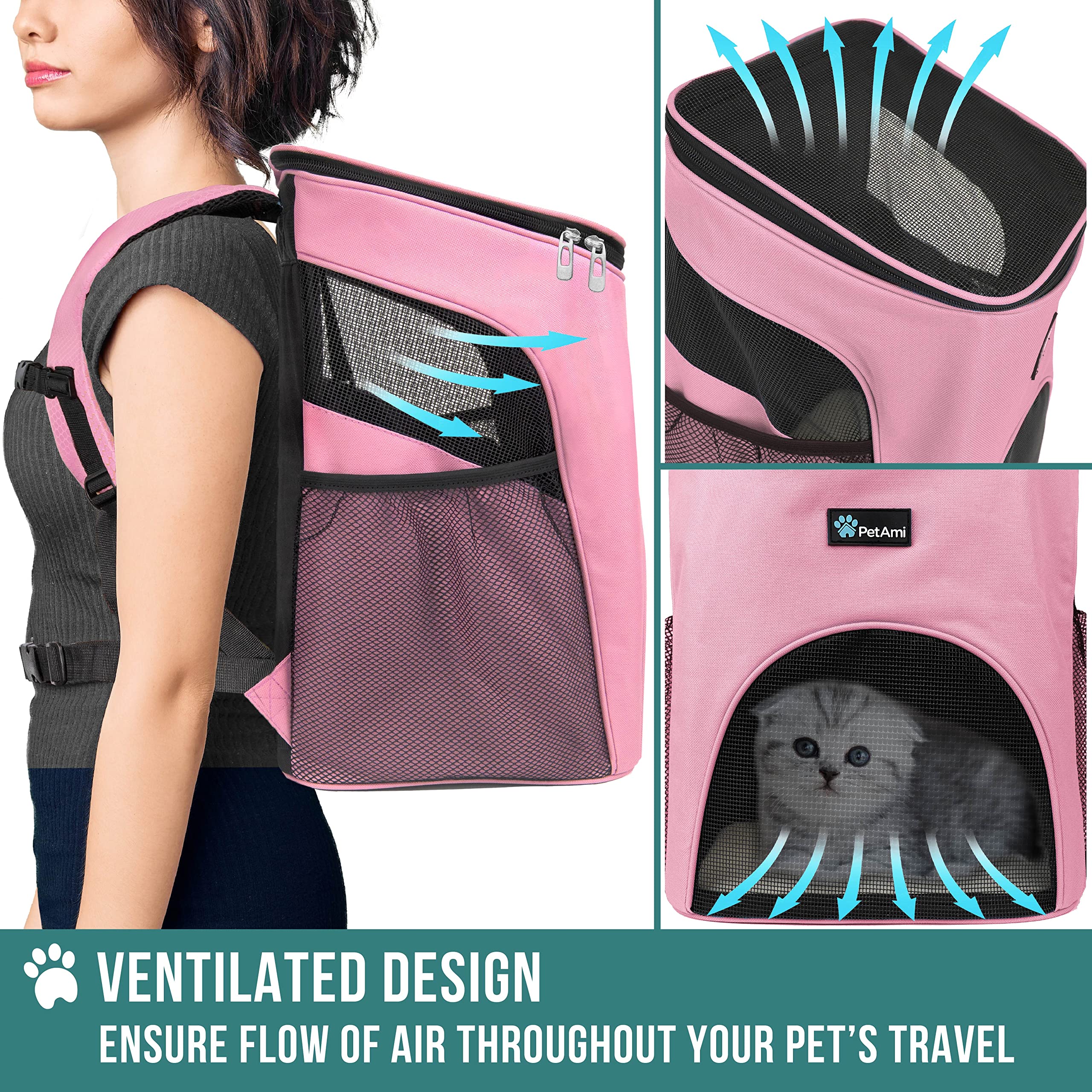 PetAmi mochila portamascotas con cama sherpa acolchada para descanso cómodo.