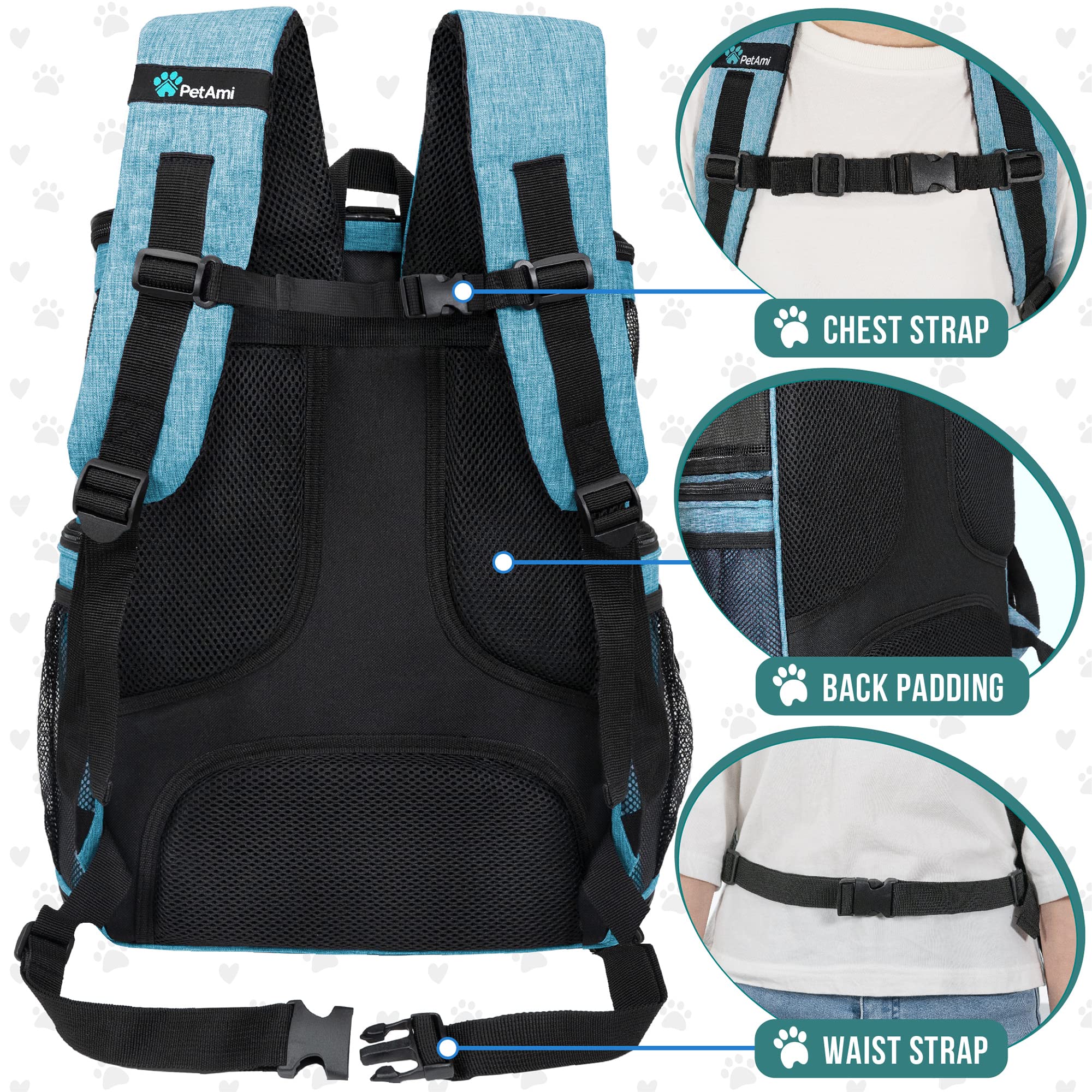 Mochila PetAmi con bolsillos y porta botellas para accesorios.