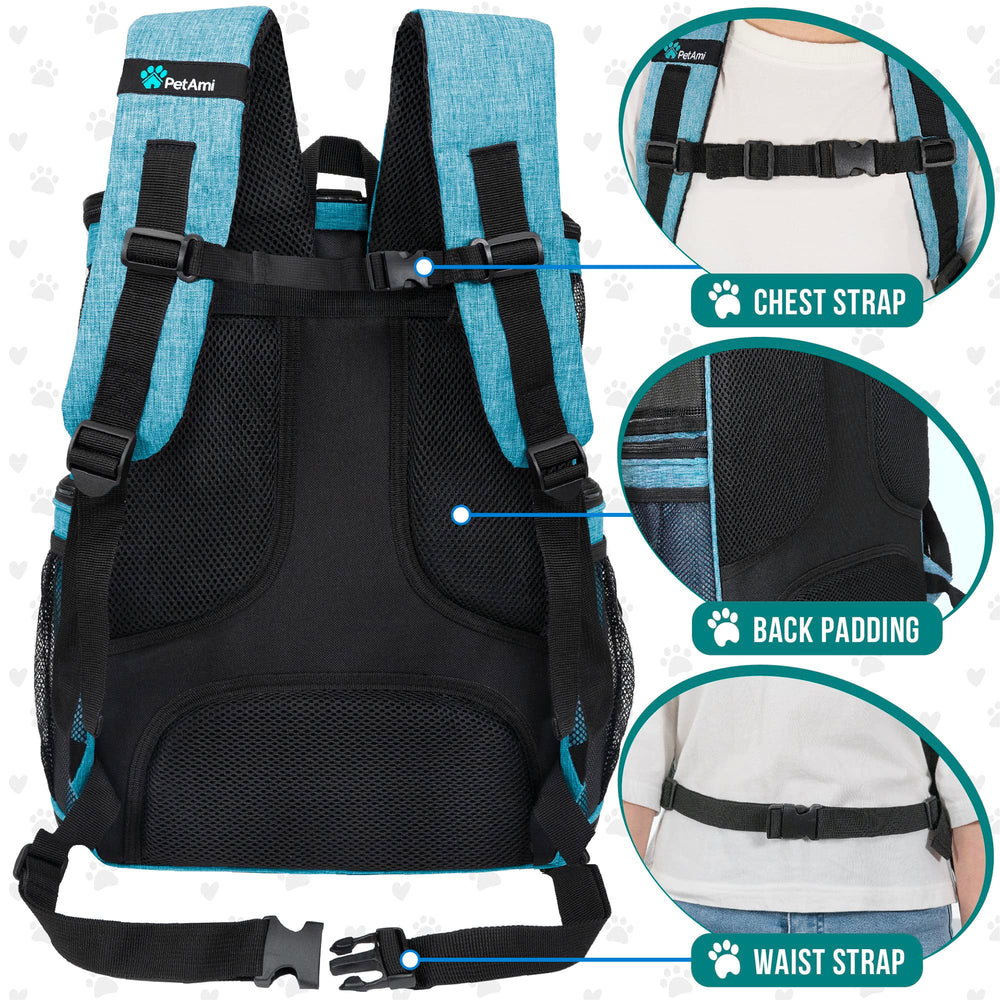 Mochila PetAmi con bolsillos y porta botellas para accesorios.