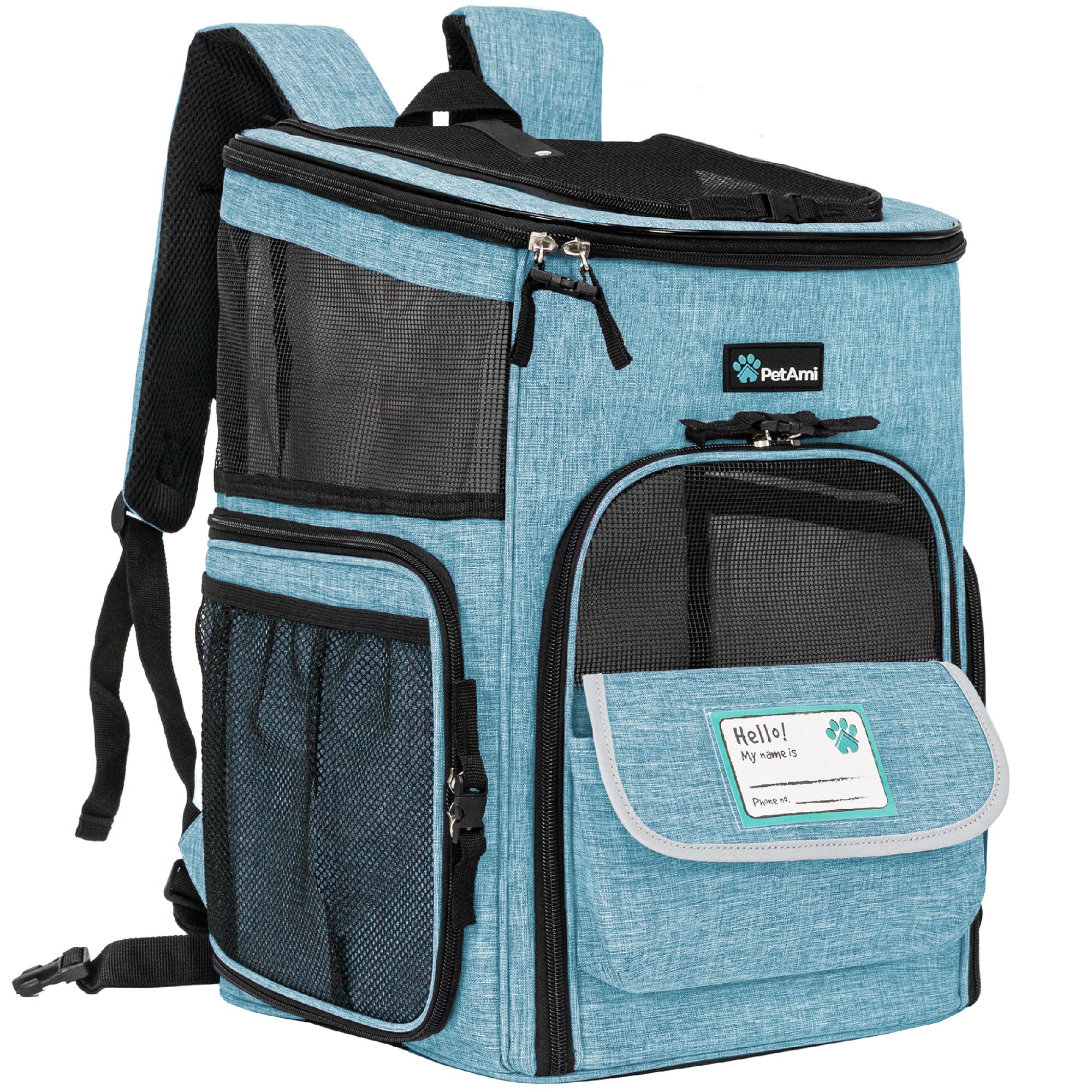 PetAmi Mochila Transportín Turquesa, vista frontal, cómoda para paseos.