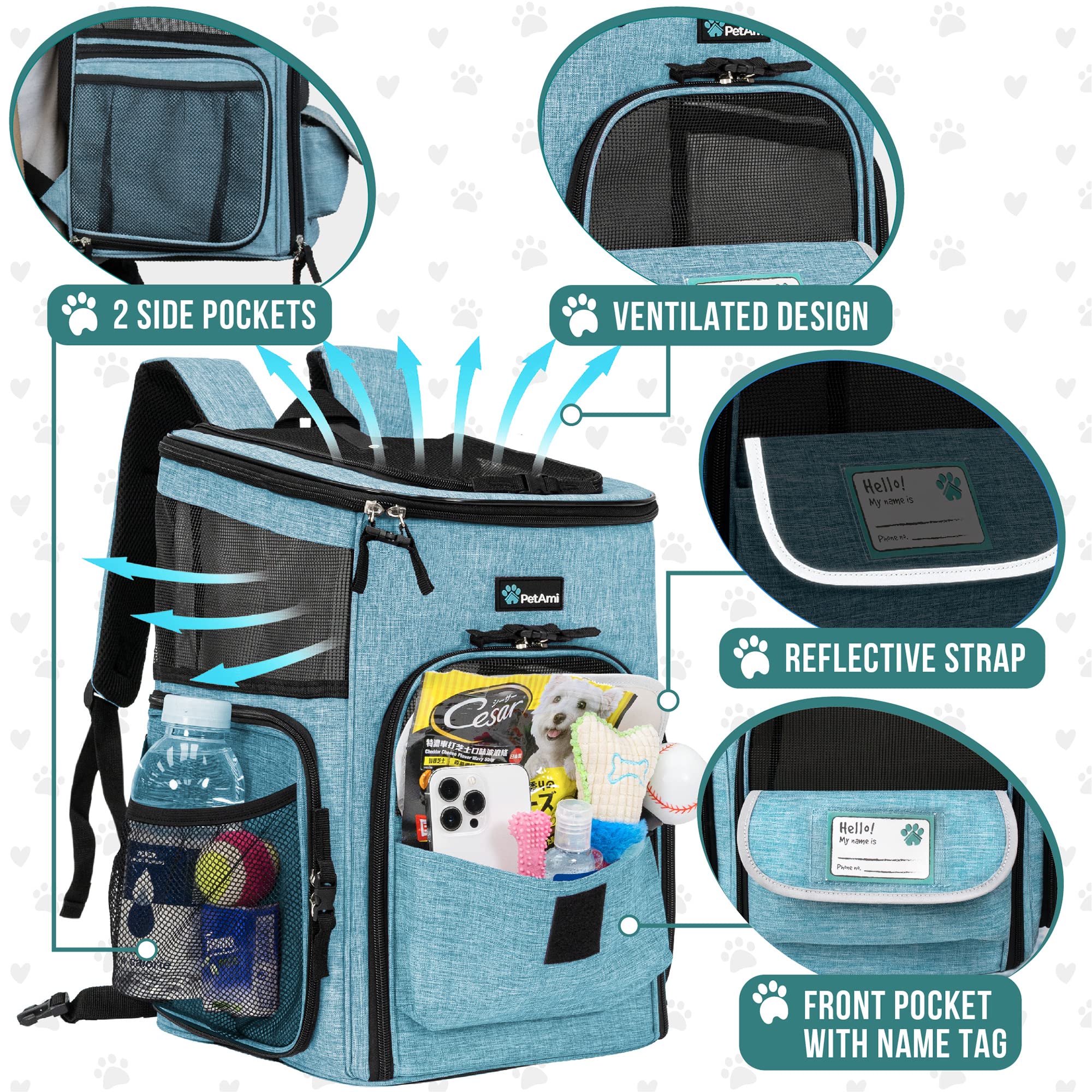 PetAmi Mochila Transportín Turquesa, ventilación óptima y entradas múltiples.