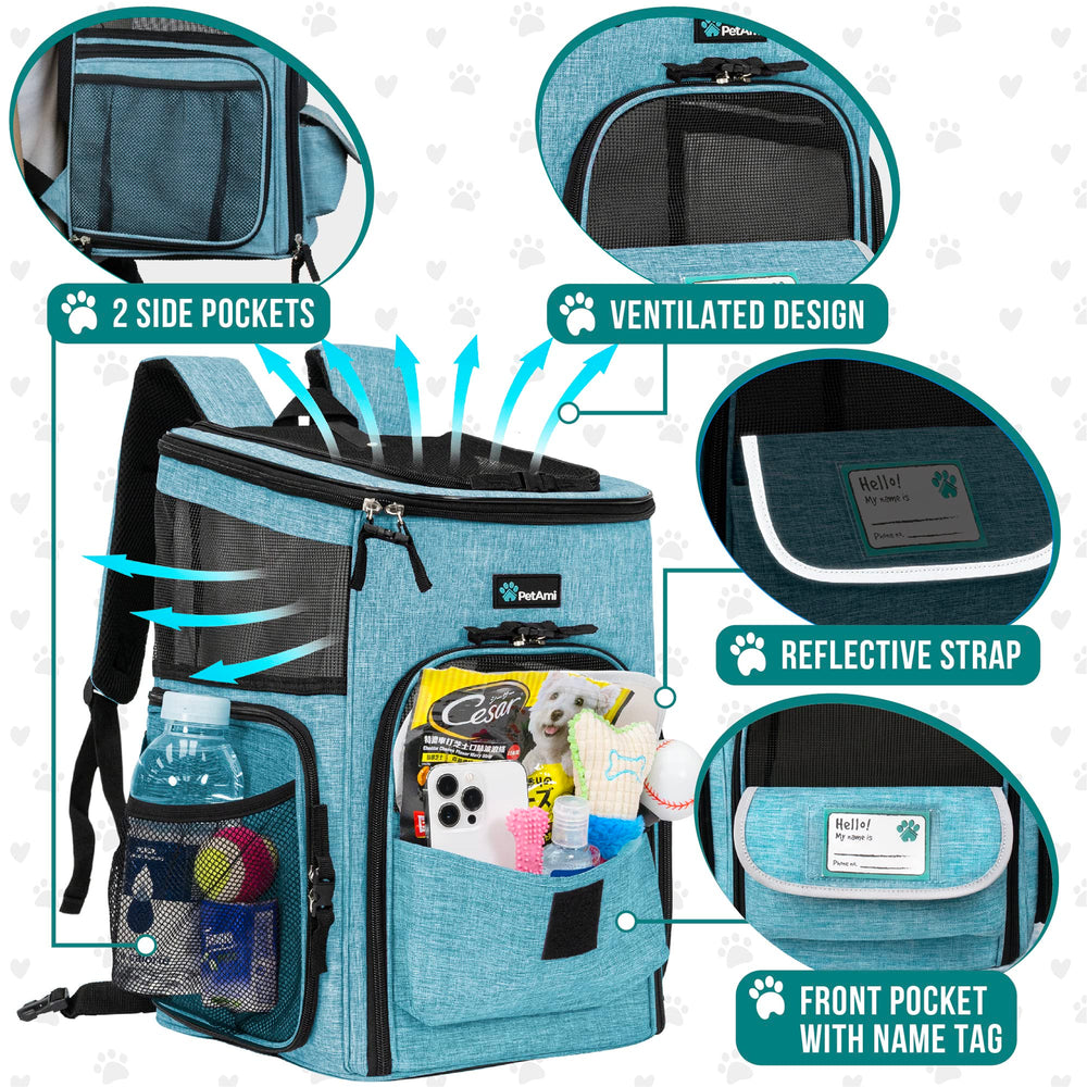 PetAmi Mochila Transportín Turquesa, ventilación óptima y entradas múltiples.