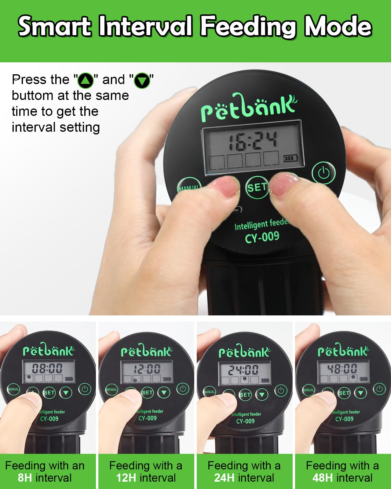 Petbank alimentador automático con carga USB, sin baterías y larga duración.