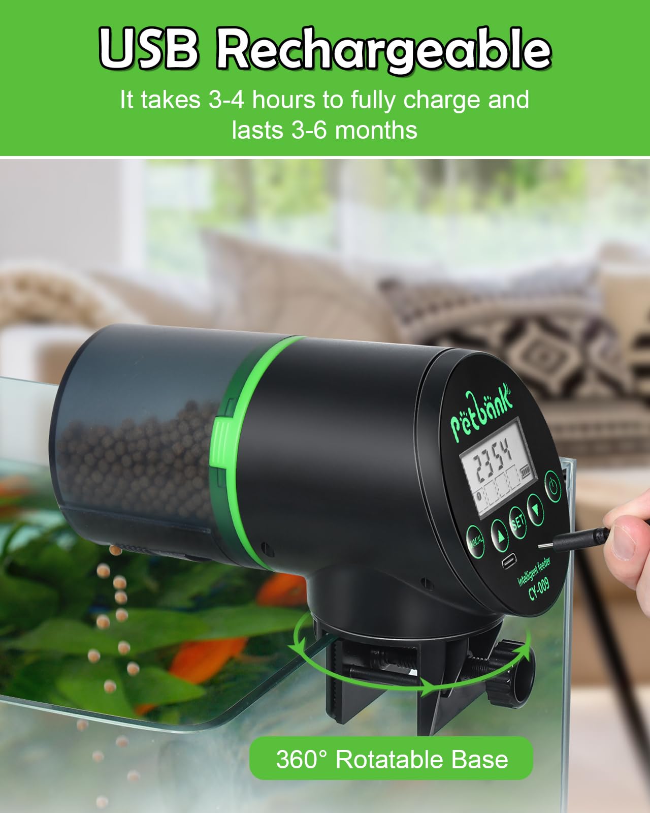 Petbank alimentador automático con intervalos de 8 a 48 horas configurables.