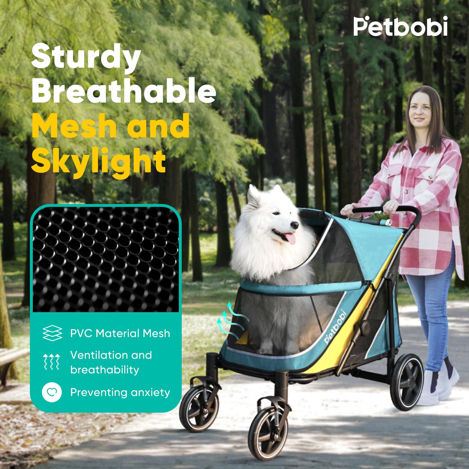 Petbobi: interior acolchado para paseo cómodo y soporte suave.