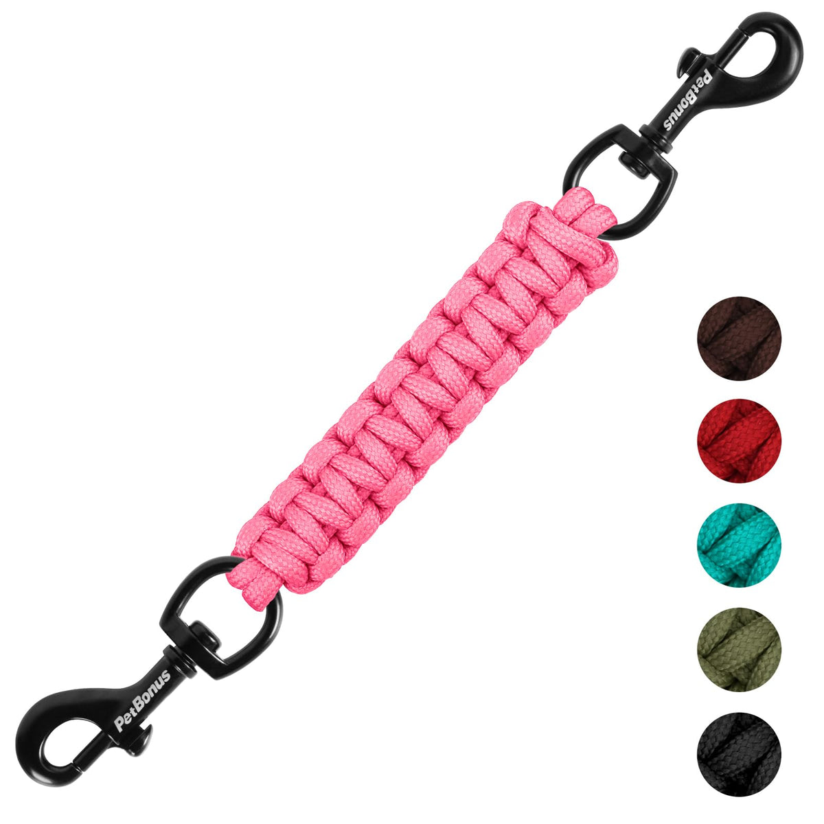 PetBonus clip de seguridad para collar rosa, vista frontal, ayuda a evitar escapes